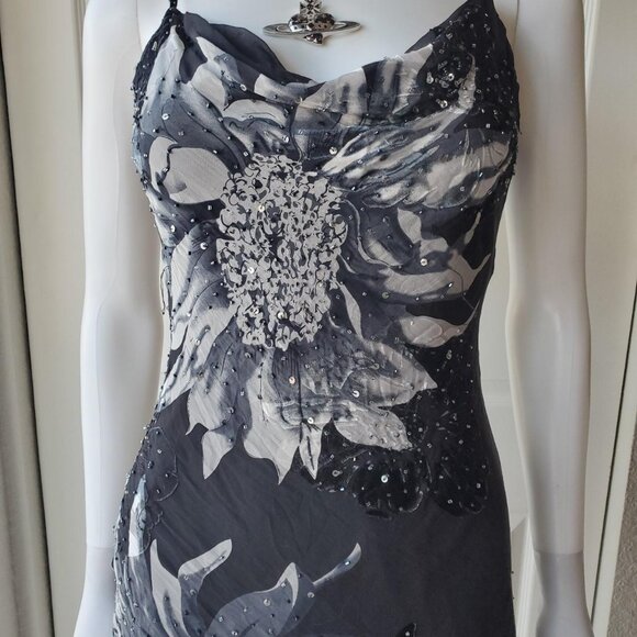 Cache Silk Blend Sleeveless Midi Beaded Dress Asymmetrical Hem - Picture 8 of 10